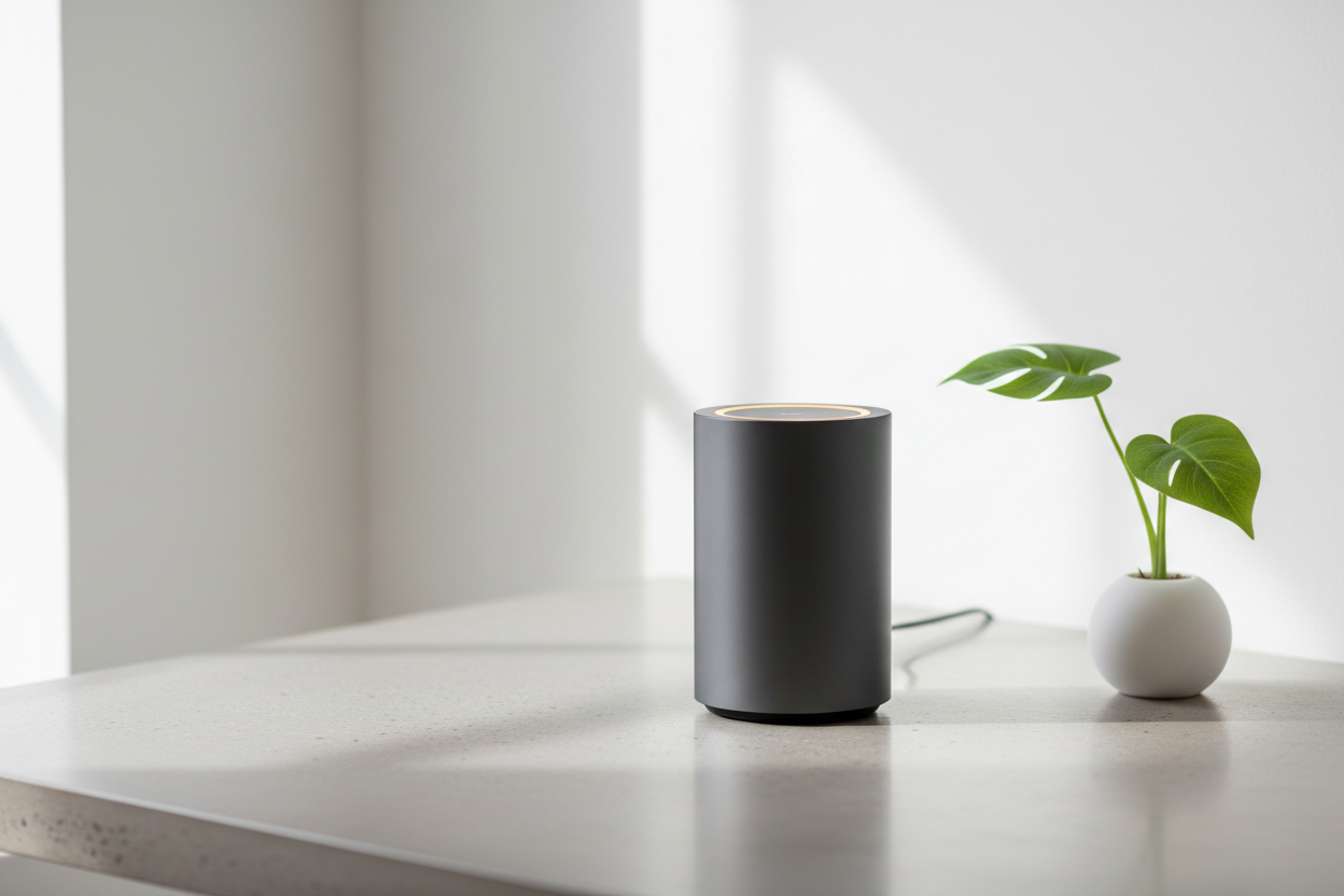 a nice product picture of any smart home device. make it plain, but not boring. the product can be placed on a nice modern desk with a simple plain white background, just make it simple, but neat and not boring 